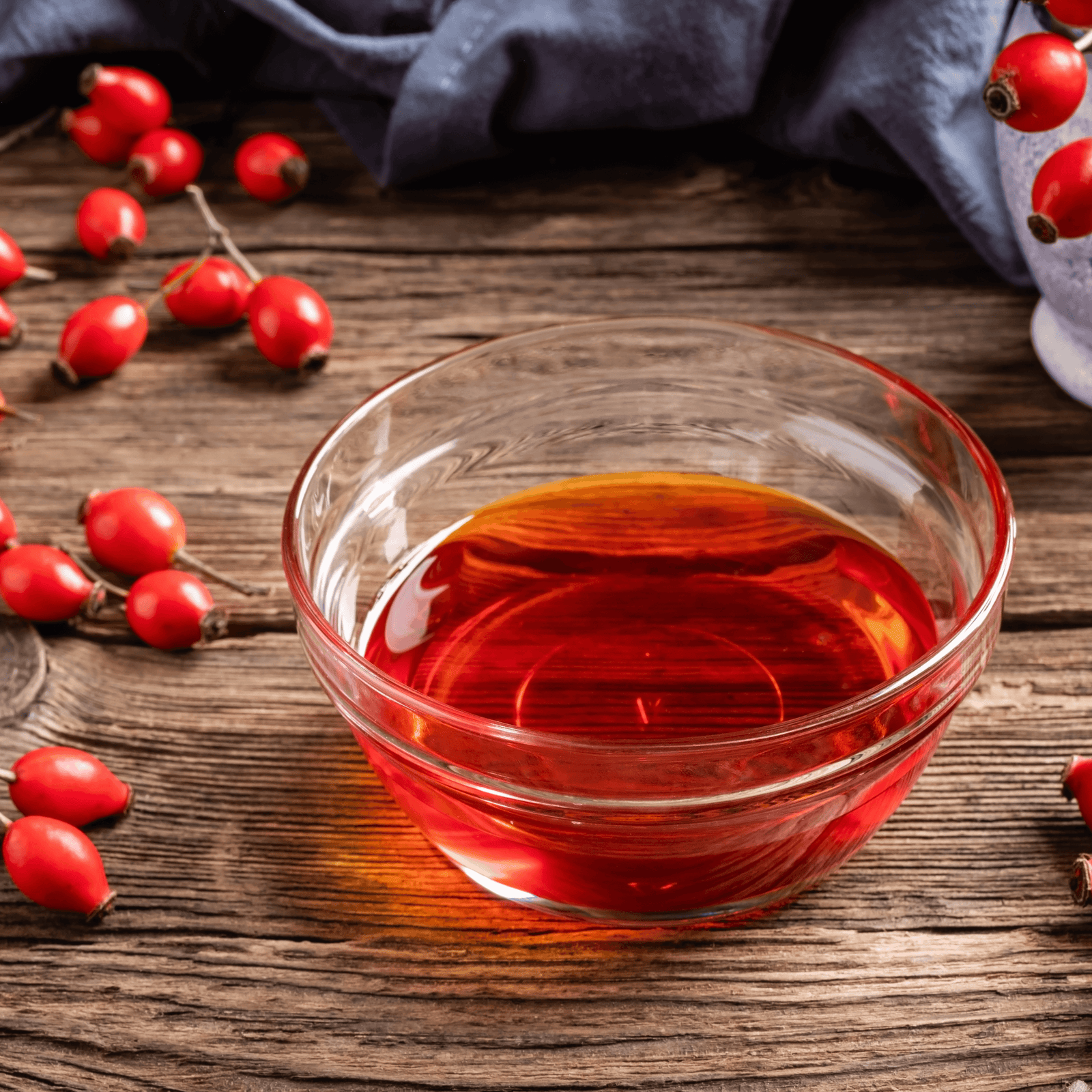 Be Bohemian Botanical Sea Serum Rosehip Seed Oil. A clear glass bowl filled halfway with bright red rosehip oil sits next to fresh rosehip on top of an old wooden table.