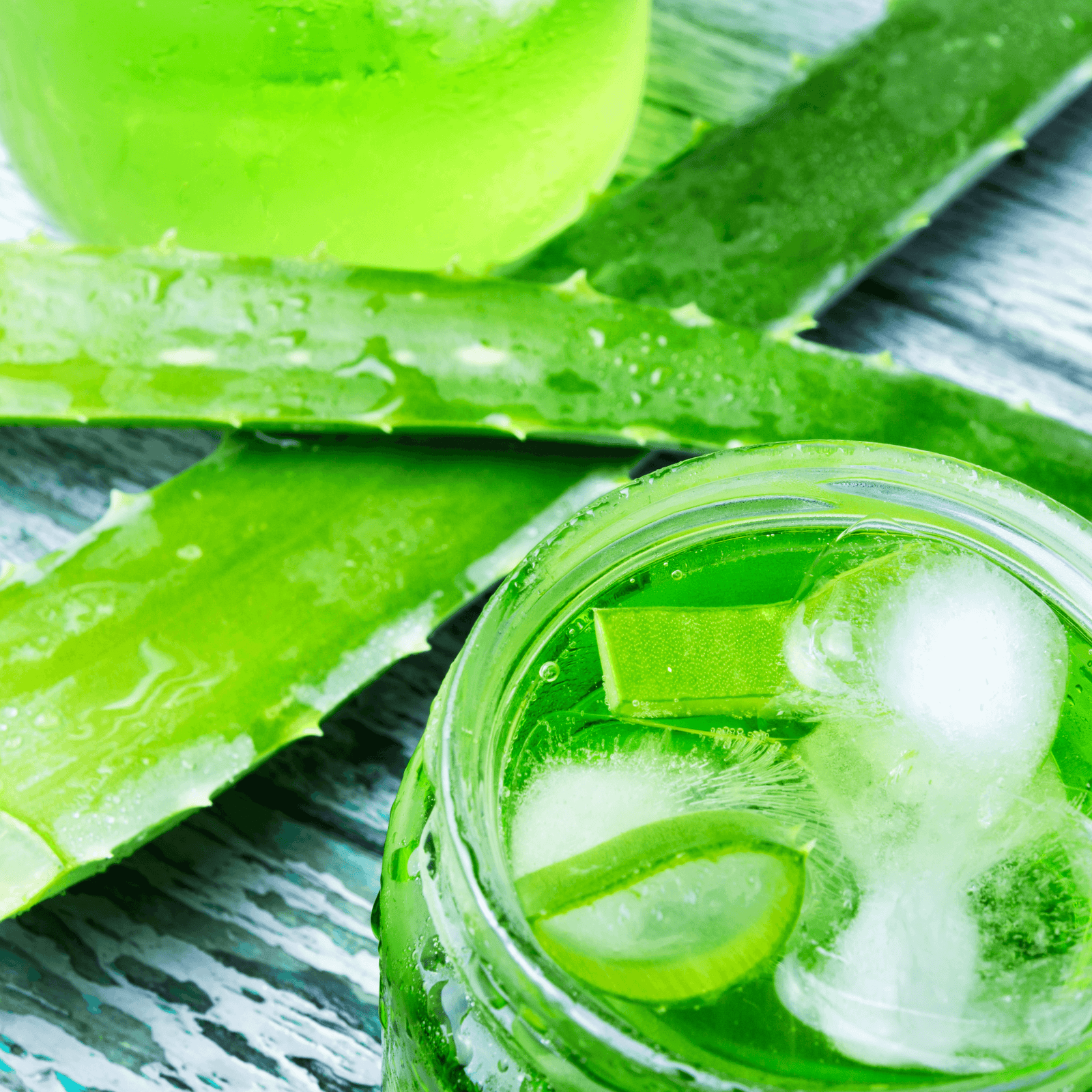 Be Bohemian Botanical Sea Serum Organic Aloe. Aloe cut up and soaking inside a round clear glass bowl is next to crisp aloe leaves with water droplets on top sitting on top of a weathered surface.