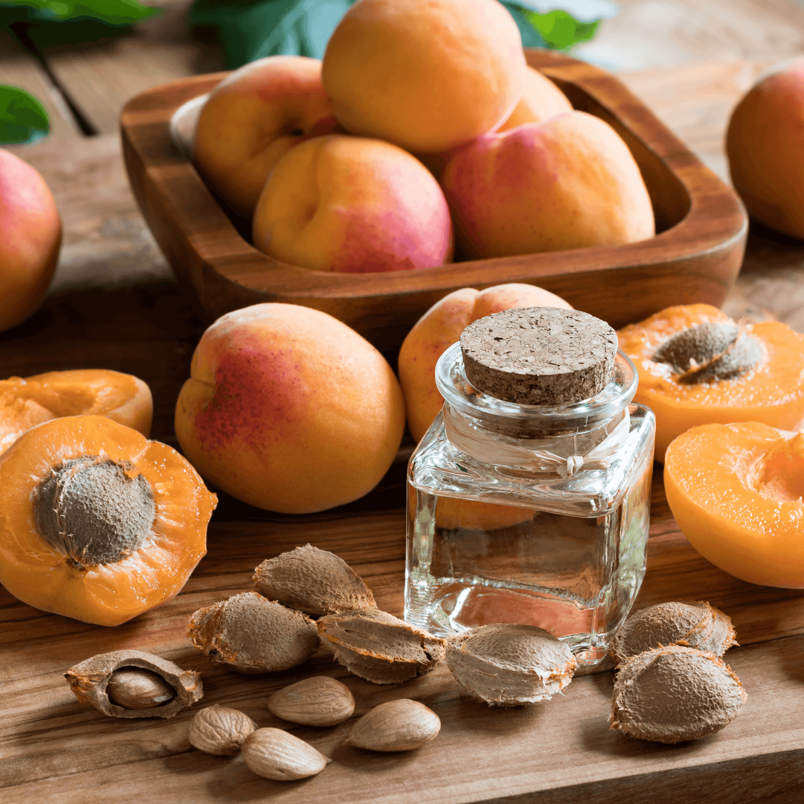 Be Bohemian Botanical Sea Serum Apricot Kernel Oil. A see-through glass, squared off bottle with clear oil inside is corked sitting next to apricot pits in the foreground and an assortment of varying ripeness of apricots on a table and inside a wooden bow