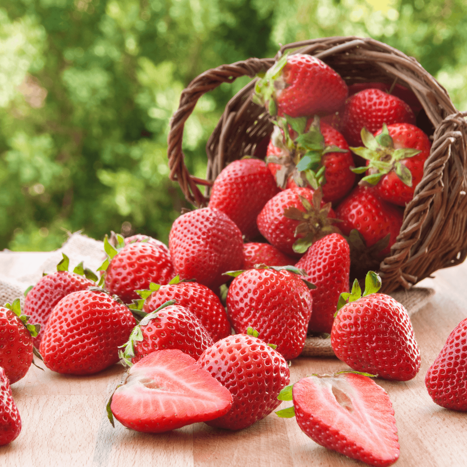 Be Bohemian Botanical Sea Serum Strawberry Seed Oil. Fresh, bright red strawberries spill out of a woven basket onto a table.
