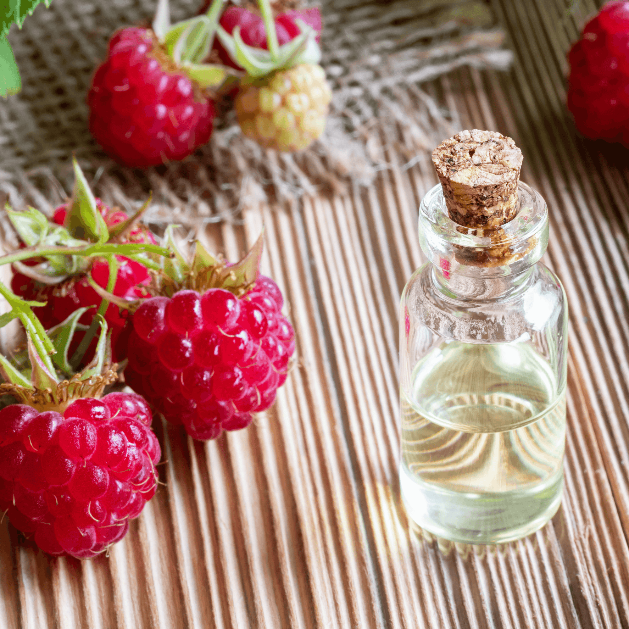 Be Bohemian Botanical Sea Serum Raspberry Seed Oil. A corked see-through Boston round bottle with a clear liquid inside sits nest to four freshly picked raspberry's.