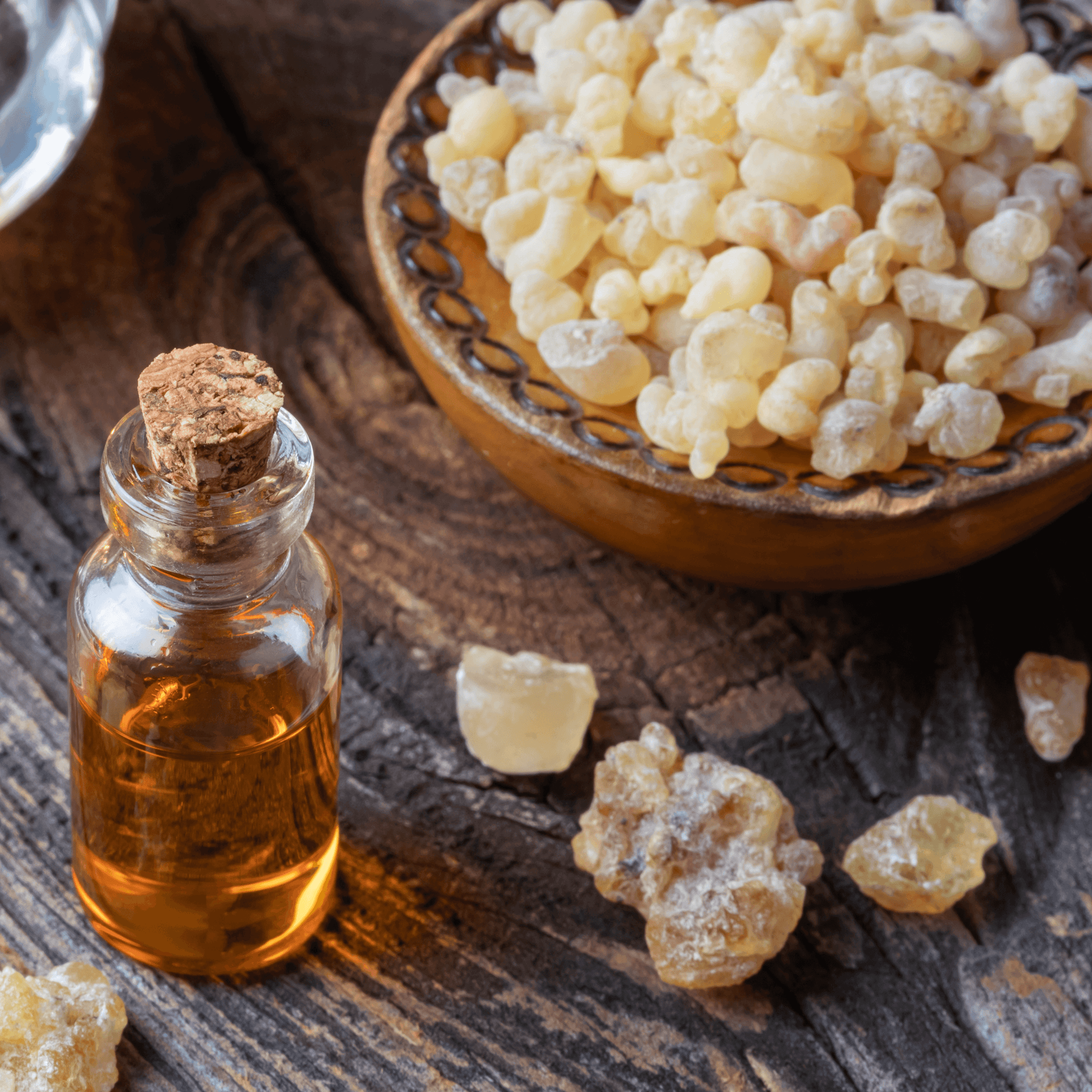 Be Bohemian Botanical Sea Serum Frankincense Essential Oil. Hard pieces of frankincense sit in a clay bowl with a couple of chunks spilled over and landing next to a corked clear bottle of frankincense oil sitting on top of an old oak table.